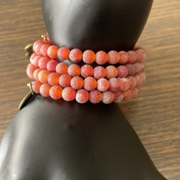 HAND CRAFTED BRACELET Red Pink Orange Snakeskin Agate Memory Stacked Lay… - Picture 6 of 7